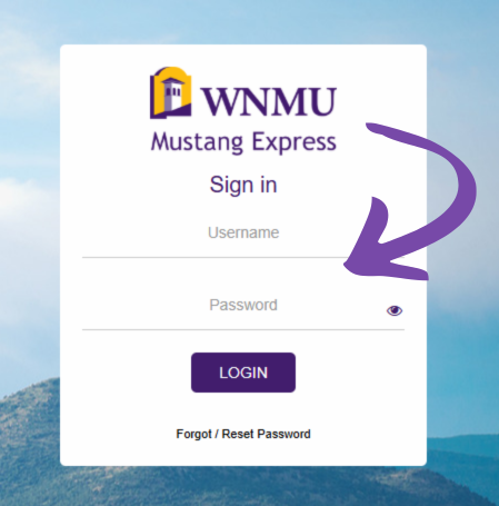Mustang Express sign-in screen showing username, password, and login button.