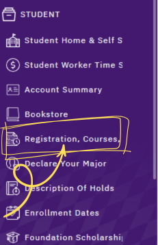 Student menu in Mustang Express with Registration, Courses highlighted