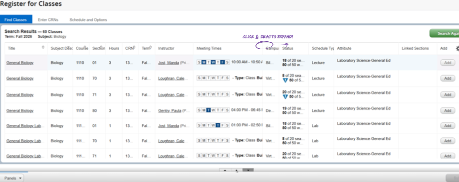 Course search results page listing multiple class sections and meeting details