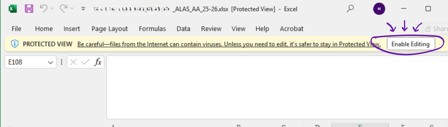 Screen showing button to click to enable editing in Excel.