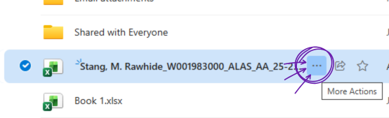 Screen showing OneDrive file with three dots to open the file menu.
