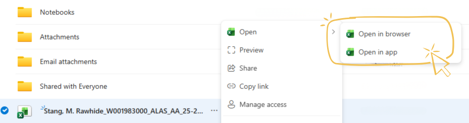 Screen showing OneDrive file with file menu open to select open online or in app.