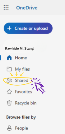 Screen showing OneDrive menu with the word shared circled.