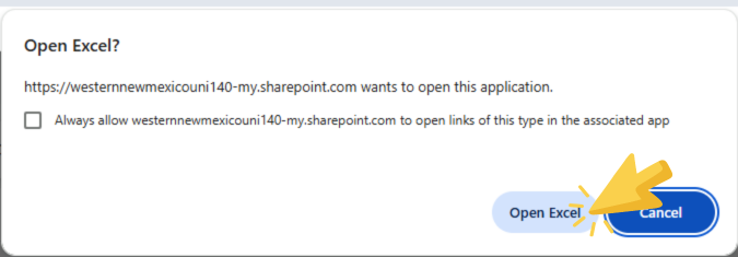 Screen showing button to click to open in Excel.