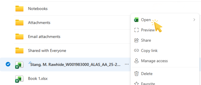 Screen showing OneDrive file menu to select open.