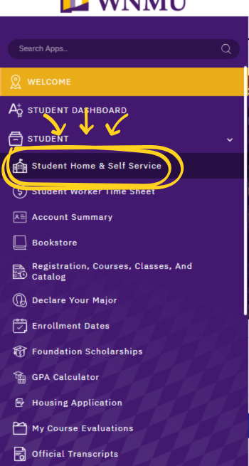 Mustang Express Student menu with Student Home and Self Service highlighted.