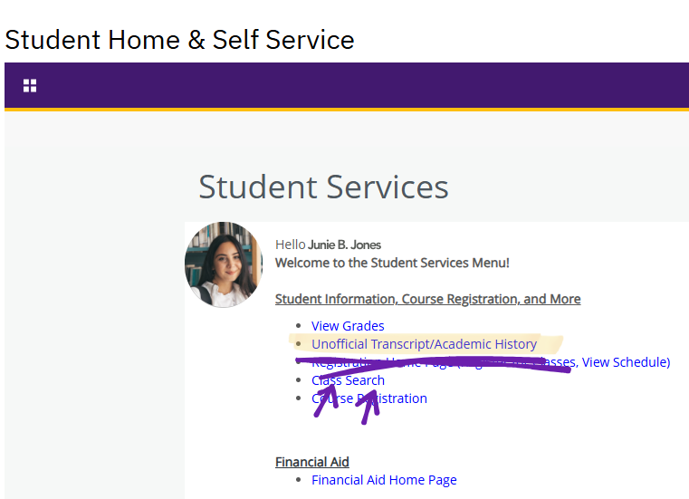 Student Services menu showing the Unofficial Transcript and Academic History link.