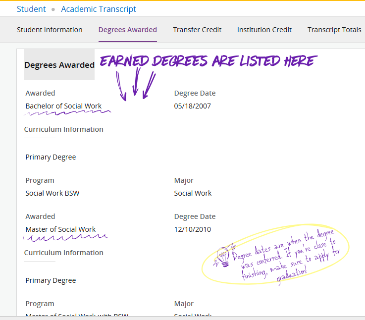 Transcript showing awarded degrees and dates.