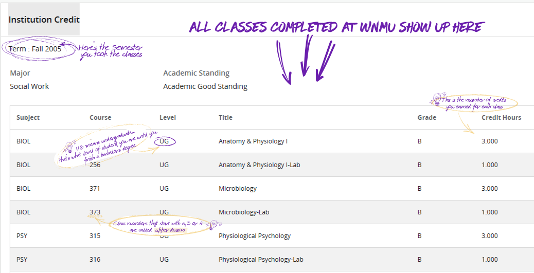 Transcript section showing WNMU courses with grades and credit hours.