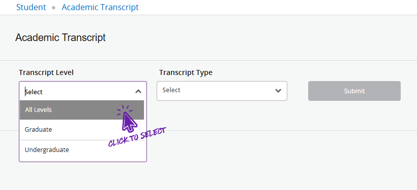 Transcript Level dropdown showing All Levels option.