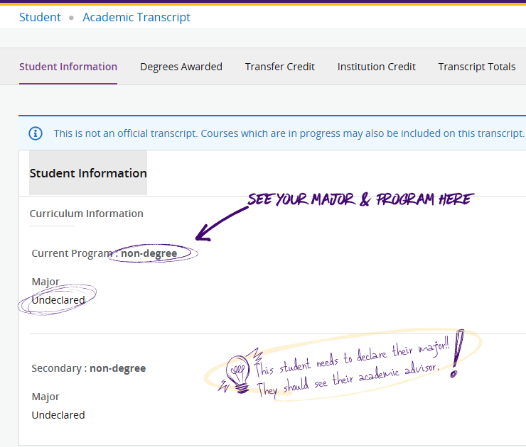 Transcript Student Information section showing current program and major.