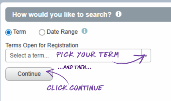 Register for Classes search page showing term and subject search fields