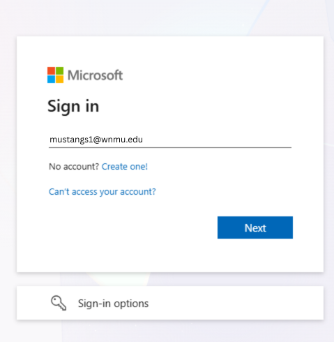Screen showing Microsoft login with mustang express credentials.